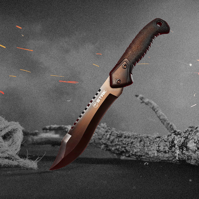 Black and white image of a STAK bowie knife where only the knife is colored.